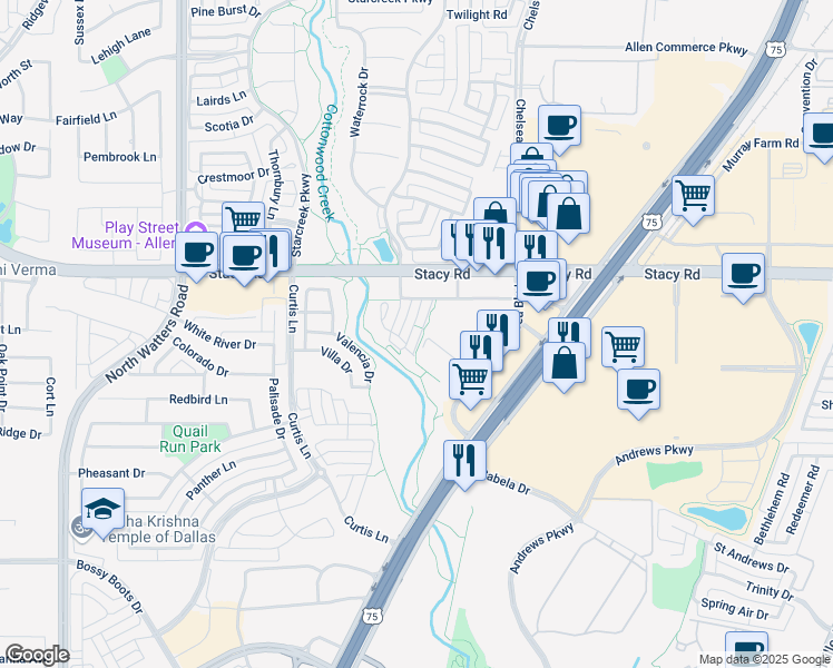 map of restaurants, bars, coffee shops, grocery stores, and more near 1851 North Central Expressway in Allen