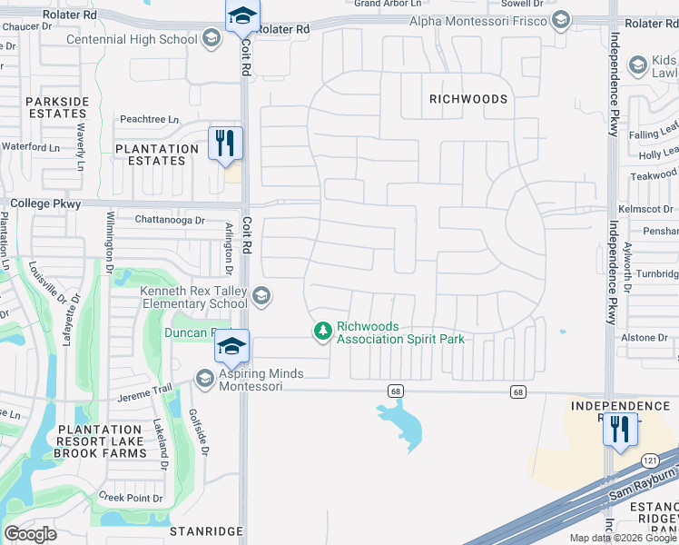 map of restaurants, bars, coffee shops, grocery stores, and more near 13216 Kettle Camp Road in Frisco