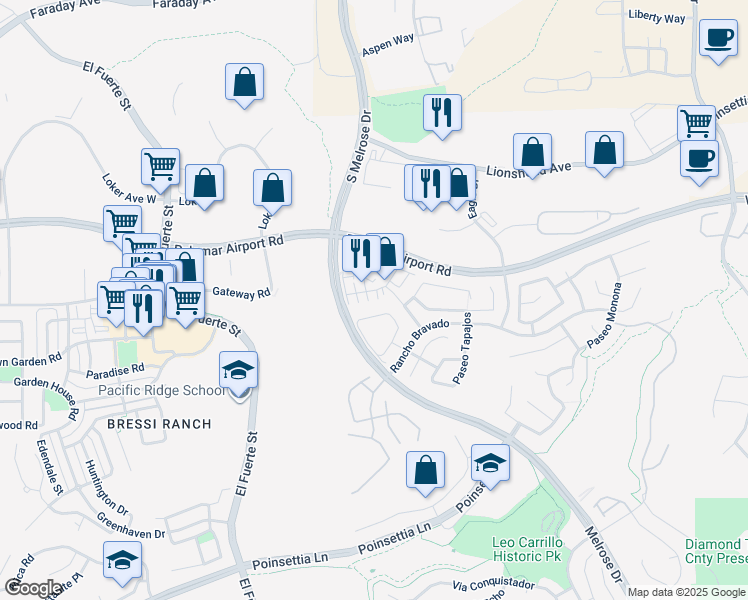 map of restaurants, bars, coffee shops, grocery stores, and more near 6183 Paseo Camas in Carlsbad