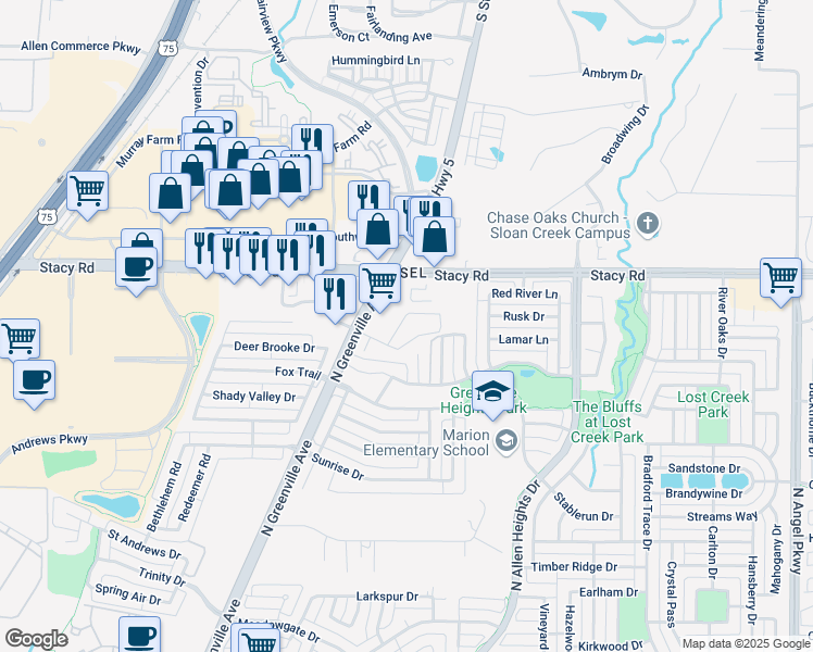map of restaurants, bars, coffee shops, grocery stores, and more near 1722 Lisa Court in Allen