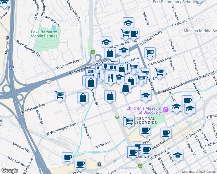map of restaurants, bars, coffee shops, grocery stores, and more near 425 West Mission Avenue in Escondido