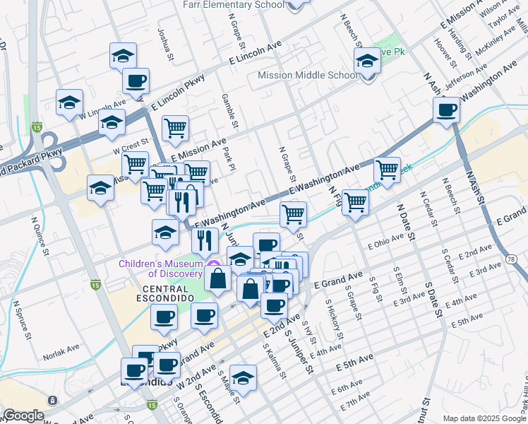 map of restaurants, bars, coffee shops, grocery stores, and more near 435 East Washington Avenue in Escondido