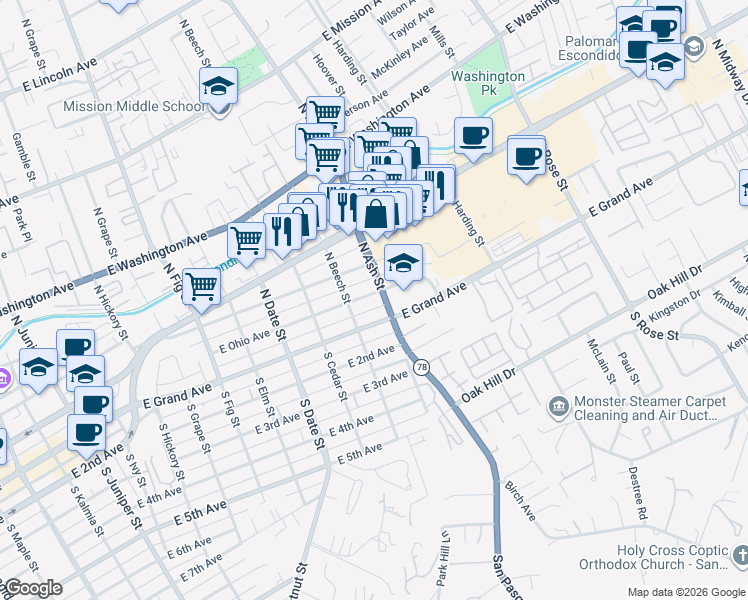 map of restaurants, bars, coffee shops, grocery stores, and more near 1145 East Ohio Avenue in Escondido