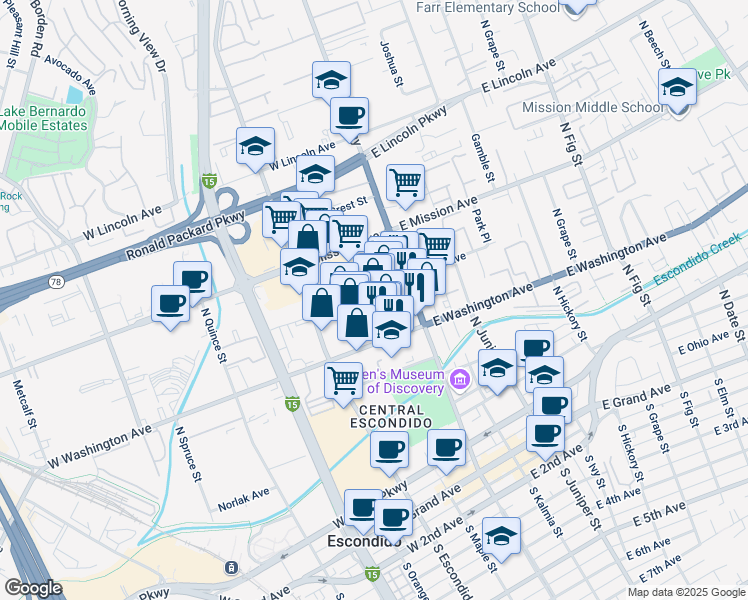 map of restaurants, bars, coffee shops, grocery stores, and more near 641 North Broadway in Escondido
