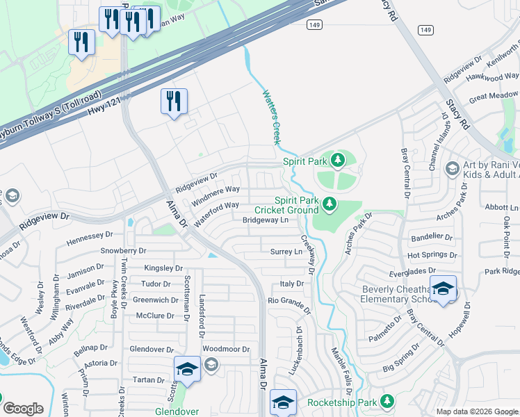 map of restaurants, bars, coffee shops, grocery stores, and more near 1130 Bridgeway Lane in Allen