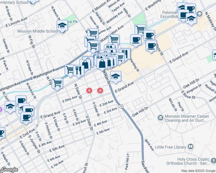 map of restaurants, bars, coffee shops, grocery stores, and more near 1145 East Ohio Avenue in Escondido