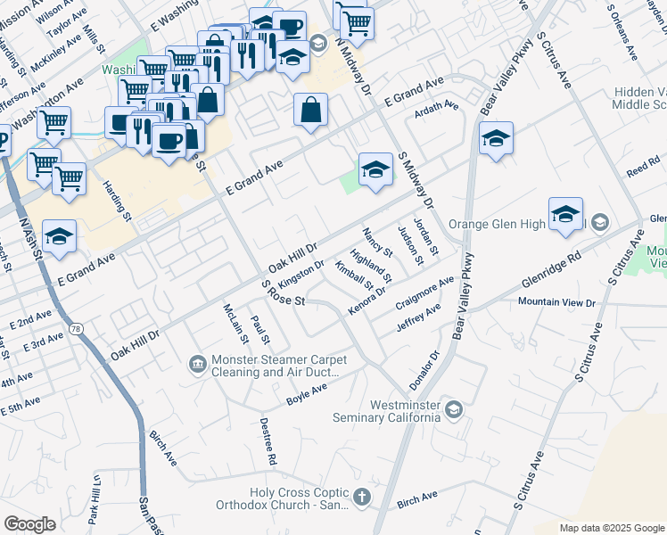 map of restaurants, bars, coffee shops, grocery stores, and more near 613 Kimball Street in Escondido