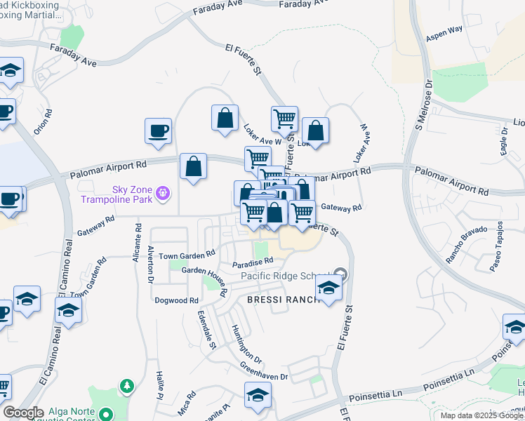 map of restaurants, bars, coffee shops, grocery stores, and more near 2650 Gateway Road in Carlsbad