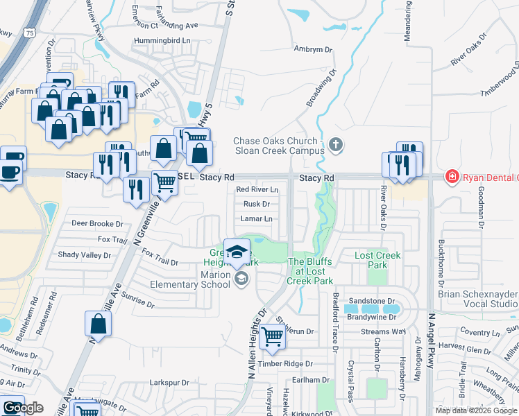 map of restaurants, bars, coffee shops, grocery stores, and more near 1322 Rusk Drive in Allen