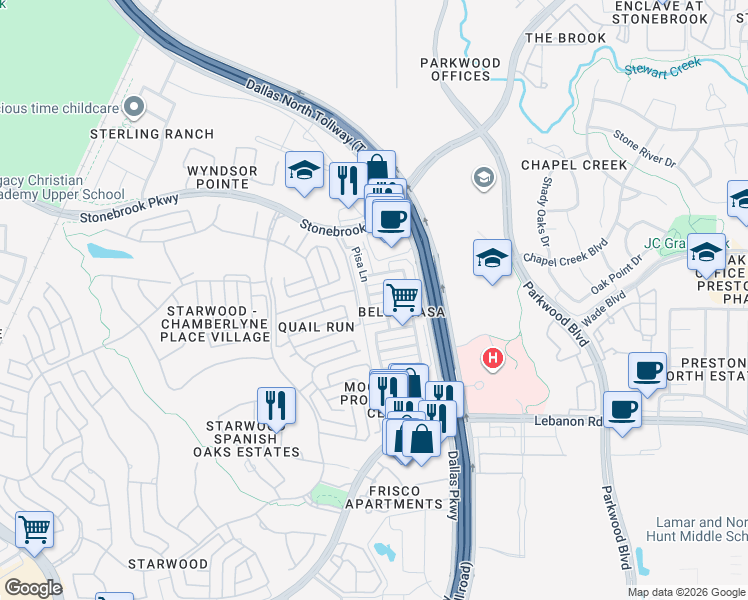 map of restaurants, bars, coffee shops, grocery stores, and more near 5717 Pisa Lane in Frisco