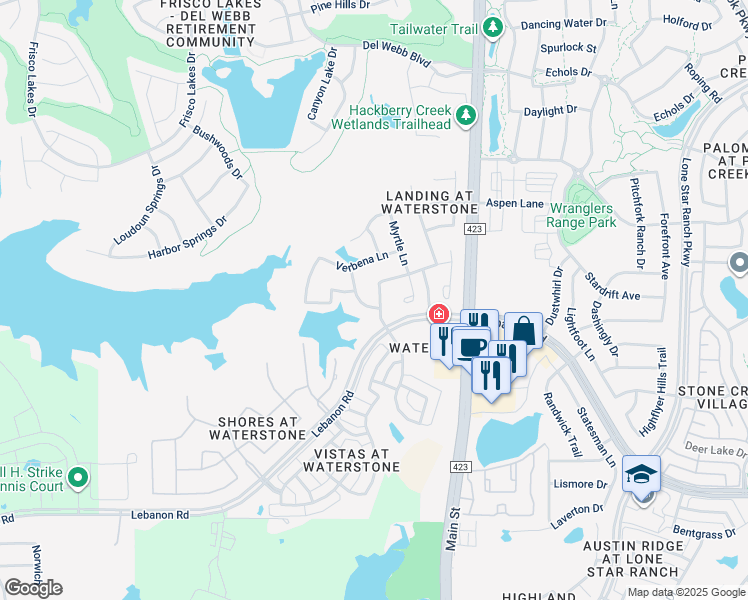 map of restaurants, bars, coffee shops, grocery stores, and more near 5912 Indian Blanket Drive in Frisco