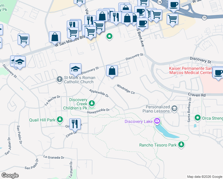 map of restaurants, bars, coffee shops, grocery stores, and more near 822 Windridge Circle in San Marcos
