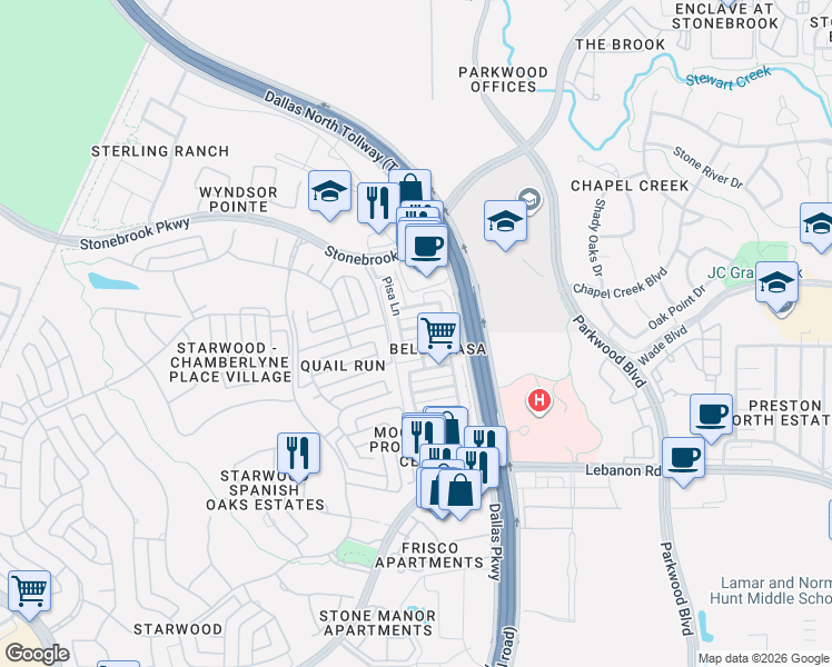 map of restaurants, bars, coffee shops, grocery stores, and more near 5717 Pisa Lane in Frisco