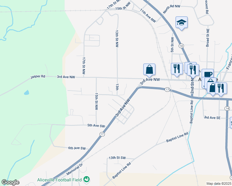 map of restaurants, bars, coffee shops, grocery stores, and more near 1st Ave SW in Aliceville