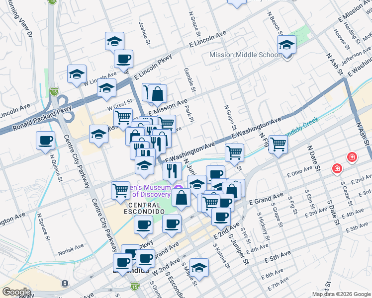map of restaurants, bars, coffee shops, grocery stores, and more near 315 East Washington Avenue in Escondido