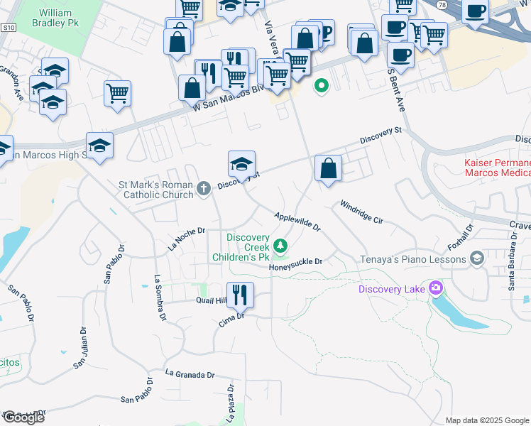 map of restaurants, bars, coffee shops, grocery stores, and more near 782 Applewilde Drive in San Marcos