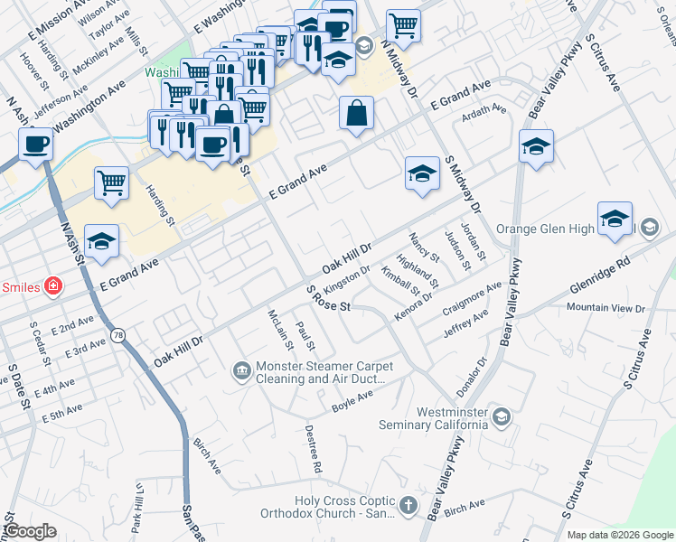 map of restaurants, bars, coffee shops, grocery stores, and more near 1637 Oak Hill Drive in Escondido