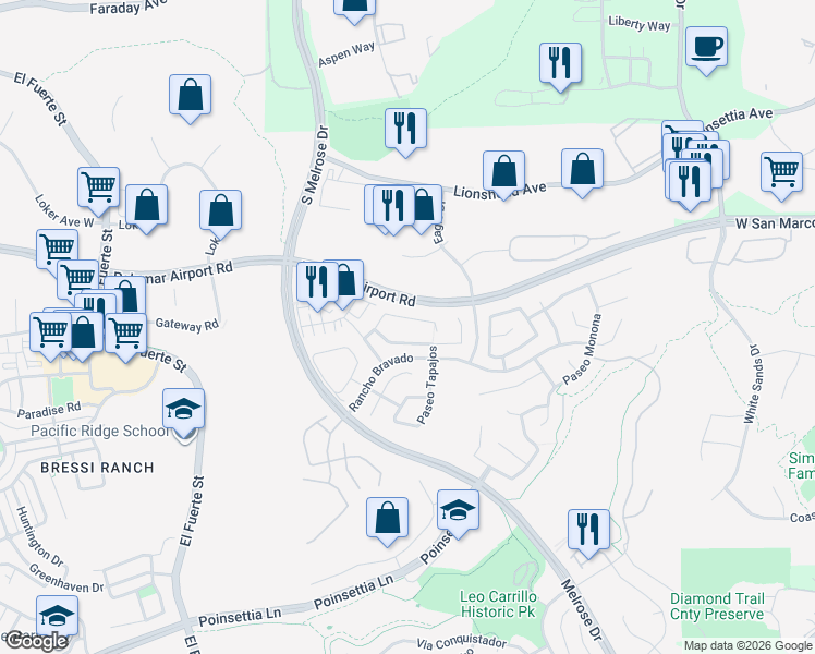 map of restaurants, bars, coffee shops, grocery stores, and more near 3058 Rancho Del Canon in Carlsbad