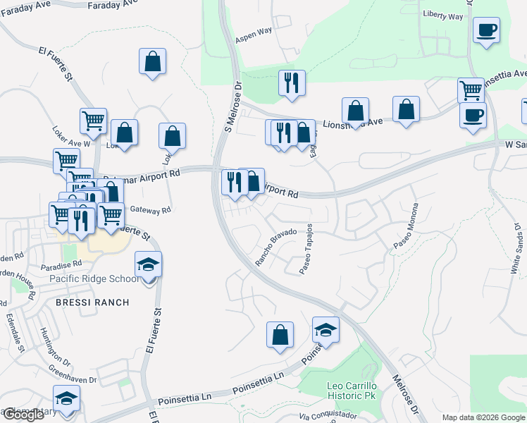 map of restaurants, bars, coffee shops, grocery stores, and more near 6180 Citracado Circle in Carlsbad