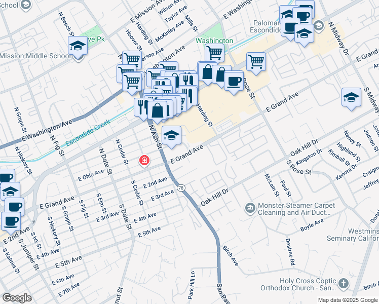 map of restaurants, bars, coffee shops, grocery stores, and more near East Grand Avenue & East Ohio Avenue in Escondido
