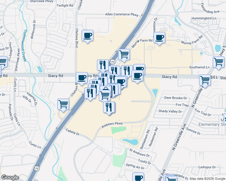 map of restaurants, bars, coffee shops, grocery stores, and more near 190 East Stacy Road in Allen