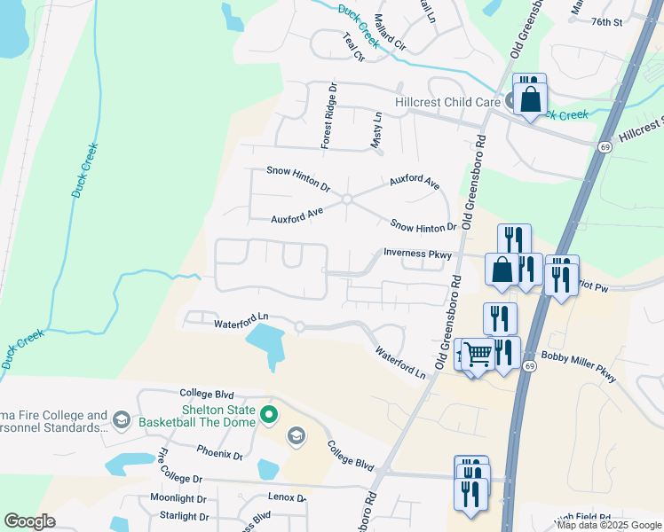 map of restaurants, bars, coffee shops, grocery stores, and more near 1808 Inverness Parkway in Tuscaloosa