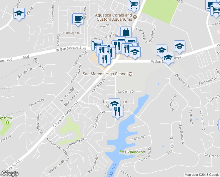 map of restaurants, bars, coffee shops, grocery stores, and more near 1638 La Tierra Lane in San Marcos