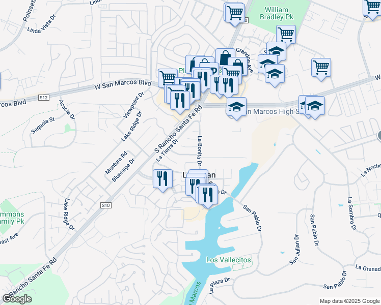 map of restaurants, bars, coffee shops, grocery stores, and more near 1638 La Tierra Lane in San Marcos