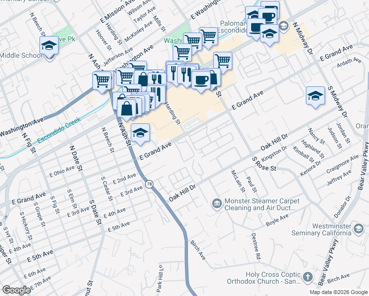 map of restaurants, bars, coffee shops, grocery stores, and more near 1333 East Grand Avenue in Escondido