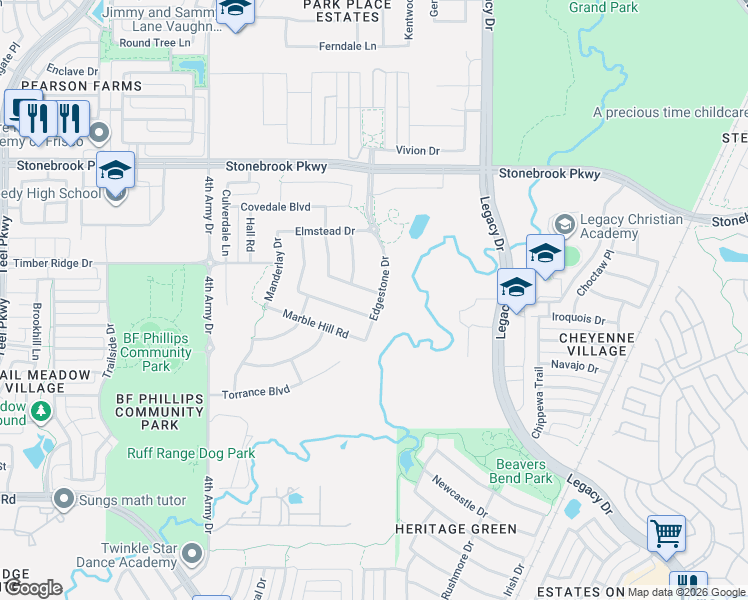 map of restaurants, bars, coffee shops, grocery stores, and more near 4088 Ladera Heights Boulevard in Frisco