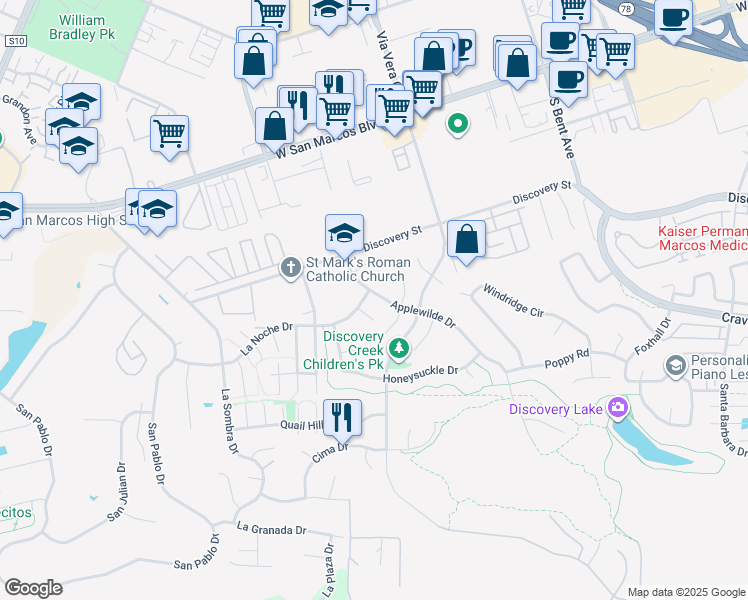 map of restaurants, bars, coffee shops, grocery stores, and more near 778 Applewilde Drive in San Marcos