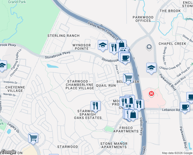 map of restaurants, bars, coffee shops, grocery stores, and more near 5932 Caroline Drive in Frisco