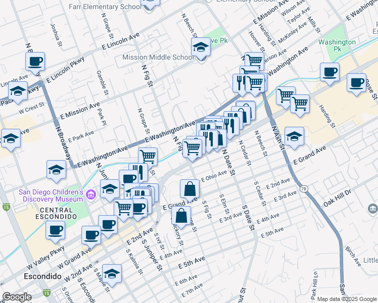 map of restaurants, bars, coffee shops, grocery stores, and more near 713 Valley Parkway in Escondido