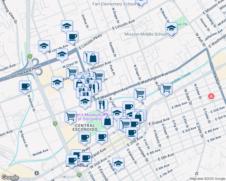 map of restaurants, bars, coffee shops, grocery stores, and more near 315 East Washington Avenue in Escondido