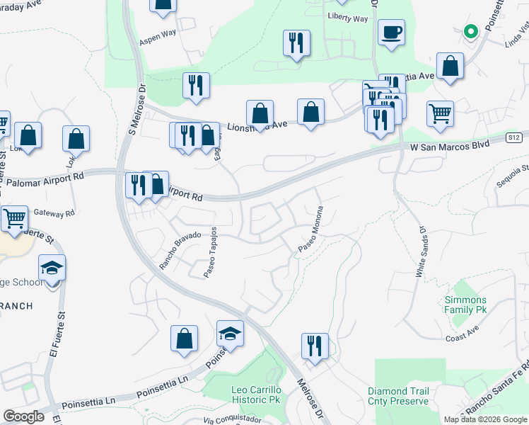 map of restaurants, bars, coffee shops, grocery stores, and more near 3201 Rancho Reata in Carlsbad