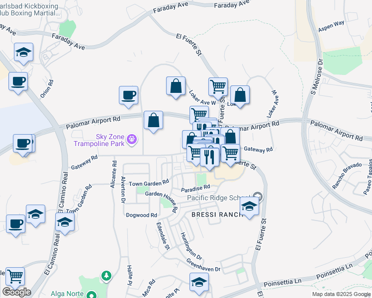 map of restaurants, bars, coffee shops, grocery stores, and more near 2623 Gateway Road in Carlsbad