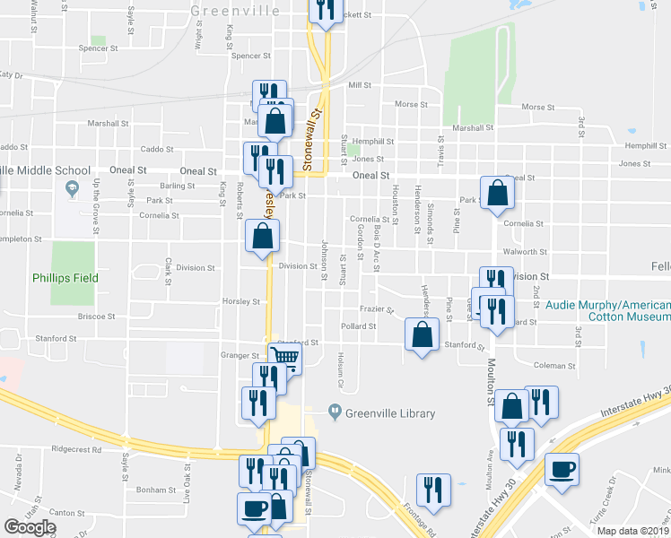 map of restaurants, bars, coffee shops, grocery stores, and more near 2412 Cleveland Street in Greenville