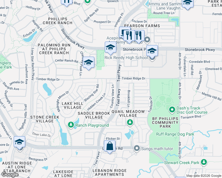 map of restaurants, bars, coffee shops, grocery stores, and more near 5878 Country View Lane in Frisco