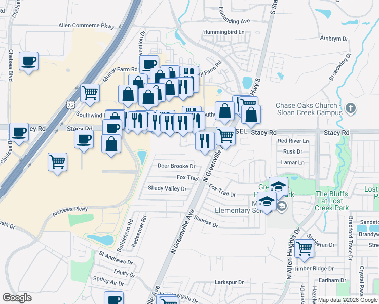 map of restaurants, bars, coffee shops, grocery stores, and more near 435 Deer Brooke Drive in Allen