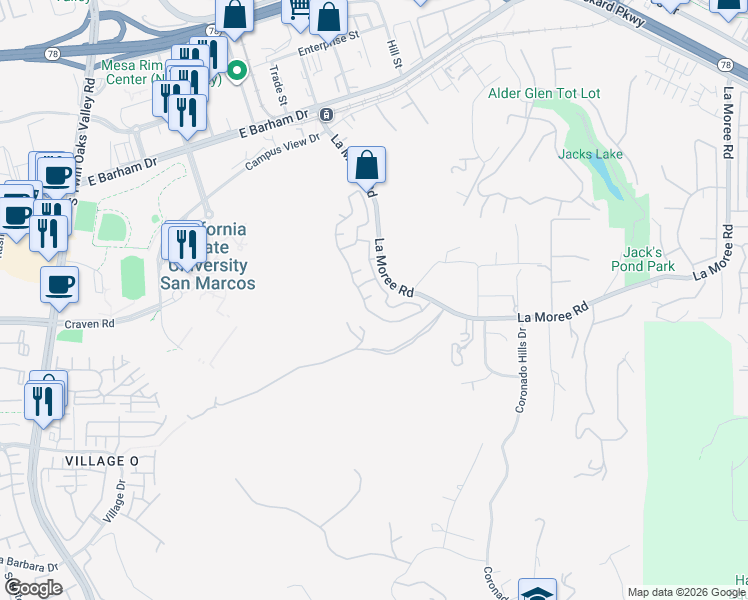 map of restaurants, bars, coffee shops, grocery stores, and more near 607 Paseo Canada in San Marcos