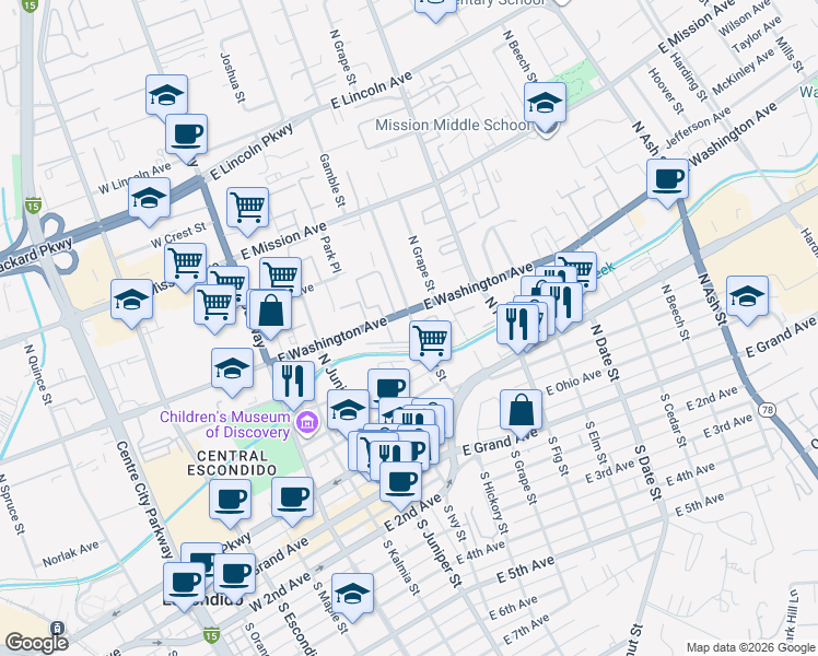 map of restaurants, bars, coffee shops, grocery stores, and more near 425 North Hickory Street in Escondido