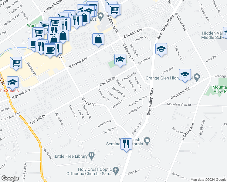 map of restaurants, bars, coffee shops, grocery stores, and more near 623 Highland Street in Escondido