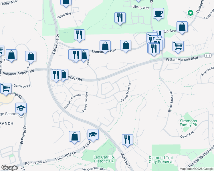 map of restaurants, bars, coffee shops, grocery stores, and more near 3201 Rancho Reata in Carlsbad