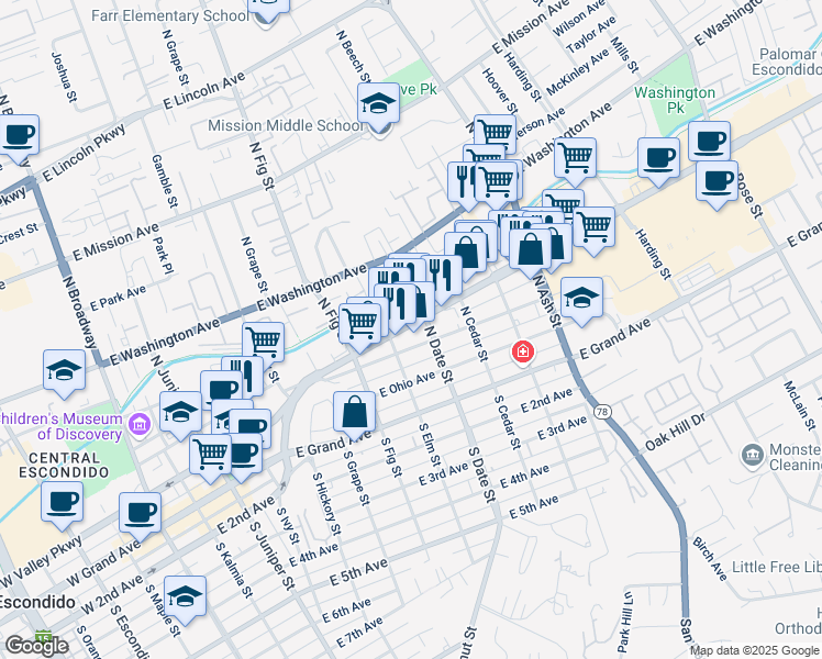 map of restaurants, bars, coffee shops, grocery stores, and more near 815 East Valley Parkway in Escondido