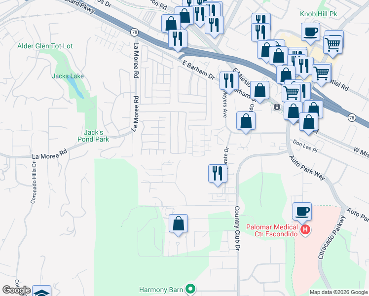 map of restaurants, bars, coffee shops, grocery stores, and more near Poco Grande Vista in San Marcos