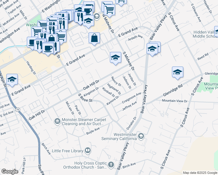 map of restaurants, bars, coffee shops, grocery stores, and more near 623 Highland Street in Escondido