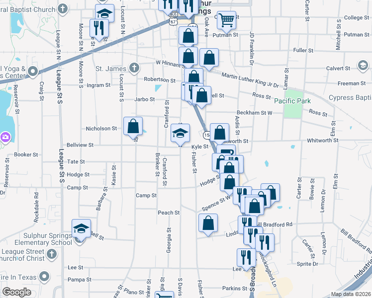 map of restaurants, bars, coffee shops, grocery stores, and more near 824 South Davis Street in Sulphur Springs