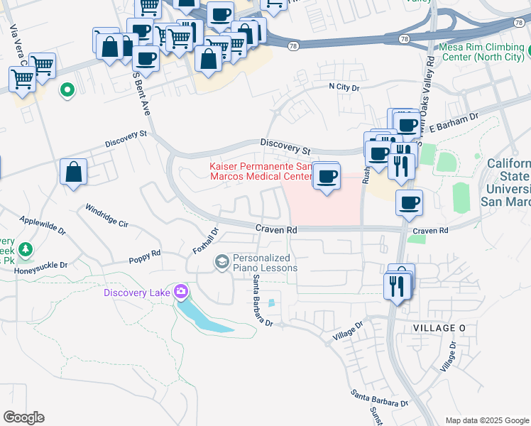 map of restaurants, bars, coffee shops, grocery stores, and more near 596 Sonoma Street in San Marcos