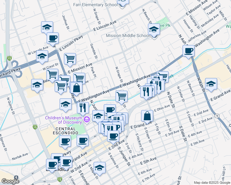 map of restaurants, bars, coffee shops, grocery stores, and more near 415 North Hickory Street in Escondido