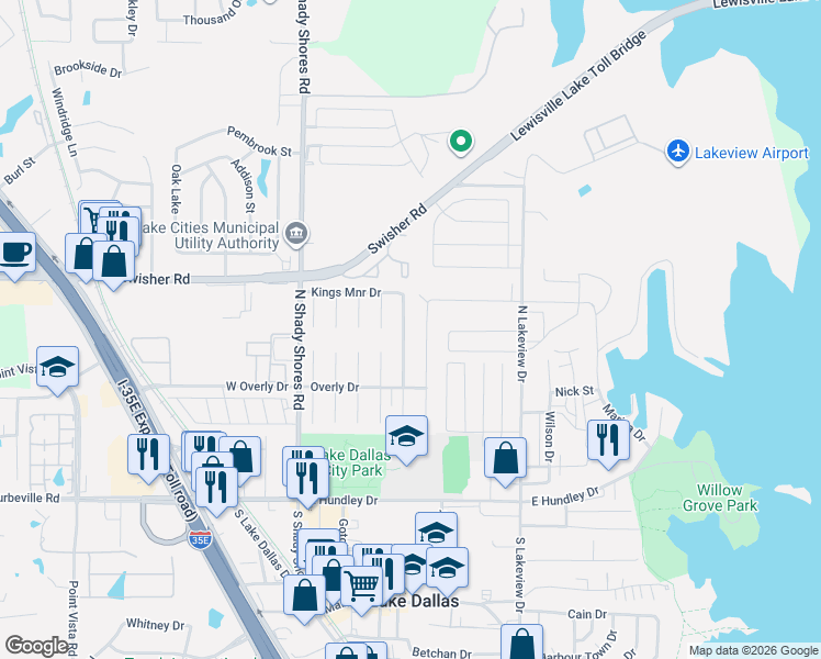 map of restaurants, bars, coffee shops, grocery stores, and more near 5413 King Manor Drive in Lake Dallas